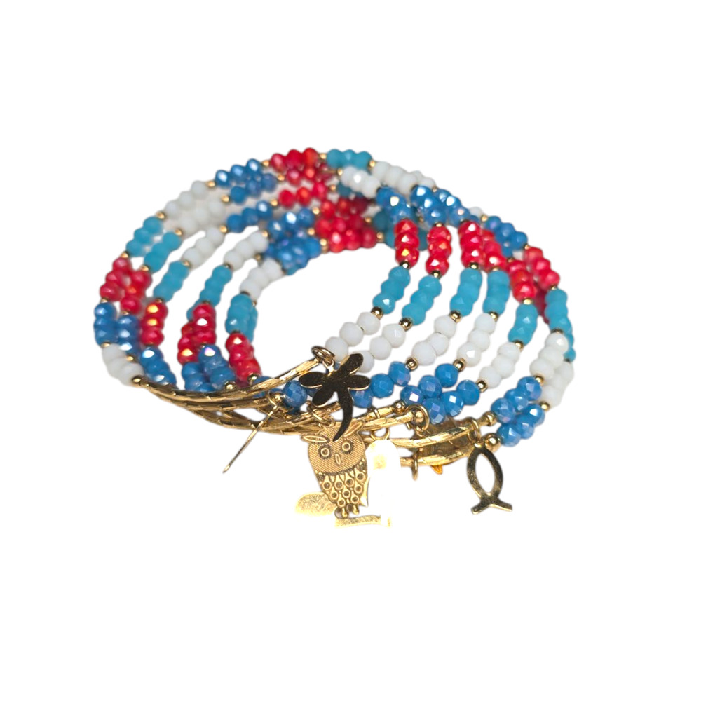 Rubylishious 
Handmade blue, red, white bead bracelet with memory Wire 
One size